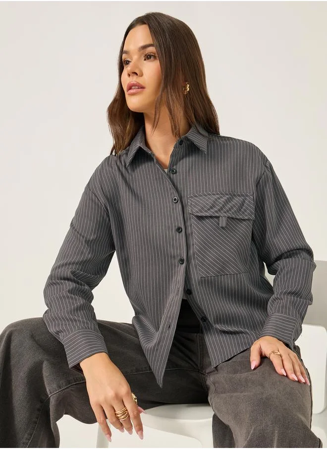 ستايلي Striped Loose Fit Shirt with Flap Pocket Details