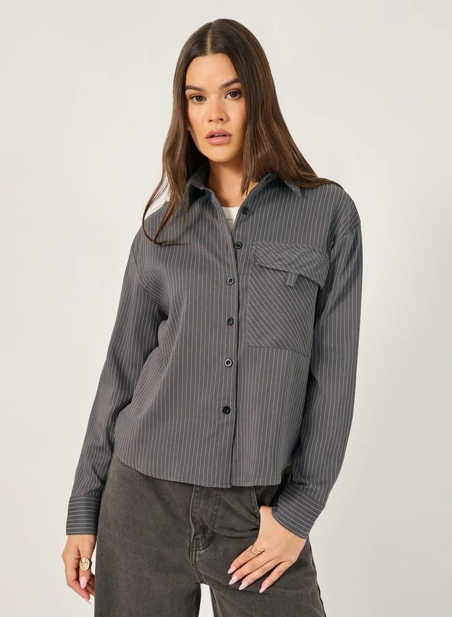 Styli Striped Loose Fit Shirt with Flap Pocket Details