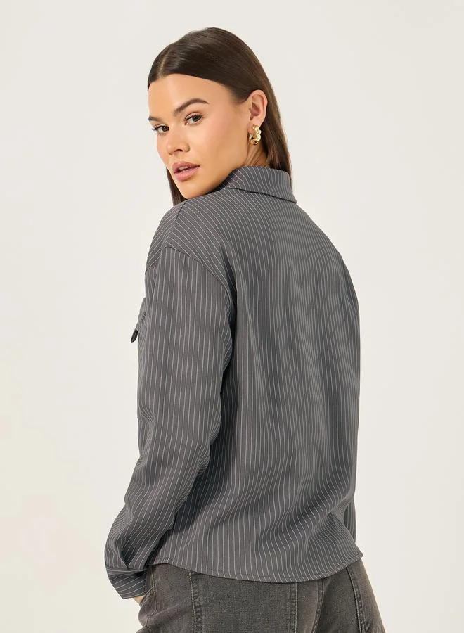 Styli Striped Loose Fit Shirt with Flap Pocket Details