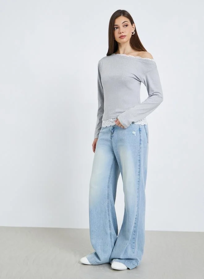 Styli Women Grey Long Sleeve Top with Lace Trim