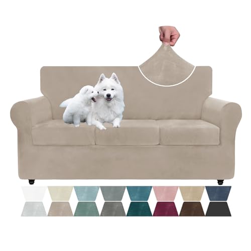 ZNSAYOTX ZNSAYOTX Luxury Velvet Couch Cover 4 Piece 7292 Stretch Sofa Covers for 3 Cushion Couch Thick Soft Sofa Slipcover with Non Slip Strap Dog Pet Friendly Nice Furniture Protector Khaki 