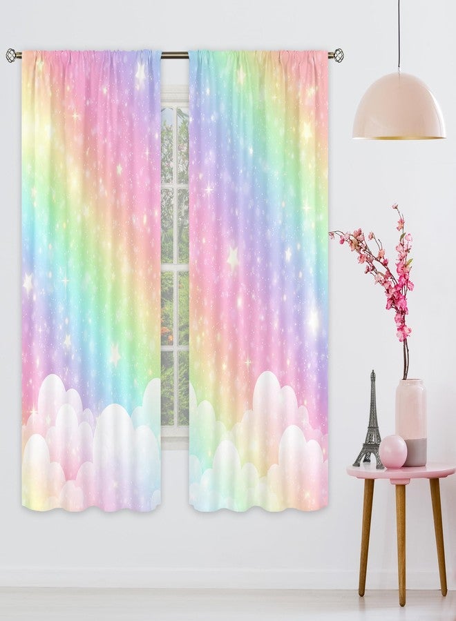 Cinbloo Colorful Rainbow Curtains for Girls Bedroom 42Wx63H Inch Rod Pocket Ombre Cute Pastel Kids Room Decor Sky Clouds Star Art Printed Baby Nursery Princess Girly Living Room Window Drapes 2 Panel - Image 2