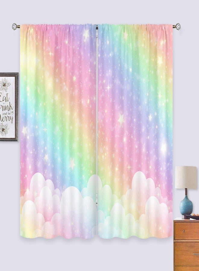 Cinbloo Colorful Rainbow Curtains for Girls Bedroom 42Wx63H Inch Rod Pocket Ombre Cute Pastel Kids Room Decor Sky Clouds Star Art Printed Baby Nursery Princess Girly Living Room Window Drapes 2 Panel - Image 3