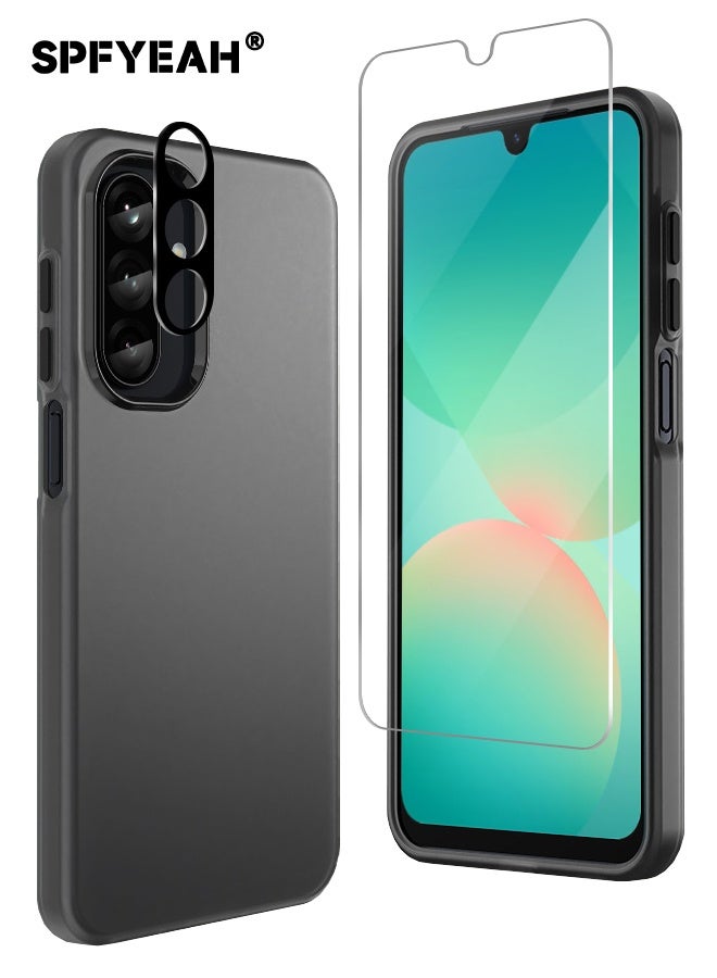 SPFYEAH [3-in-1] Samsung Galaxy A26 Case with HD Tempered Glass Screen Protector & Camera Lens Protector, Shockproof Anti-Drop & Slip, Slim Skin Friendly Frosted Hard Case for Samsung A26 5G 6.7 inch, Translucent Black - Image 1