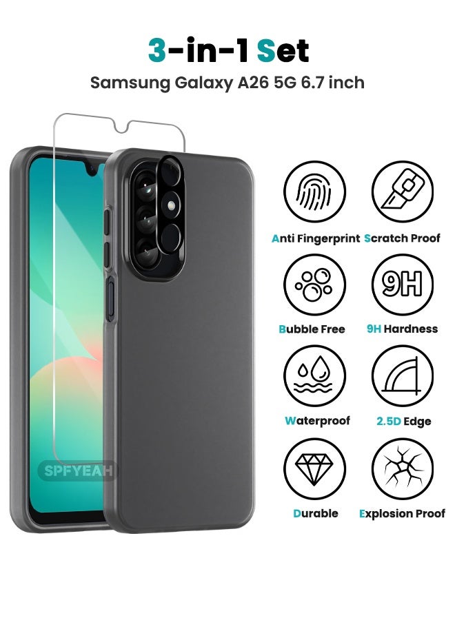 SPFYEAH [3-in-1] Samsung Galaxy A26 Case with HD Tempered Glass Screen Protector & Camera Lens Protector, Shockproof Anti-Drop & Slip, Slim Skin Friendly Frosted Hard Case for Samsung A26 5G 6.7 inch, Translucent Black - Image 2