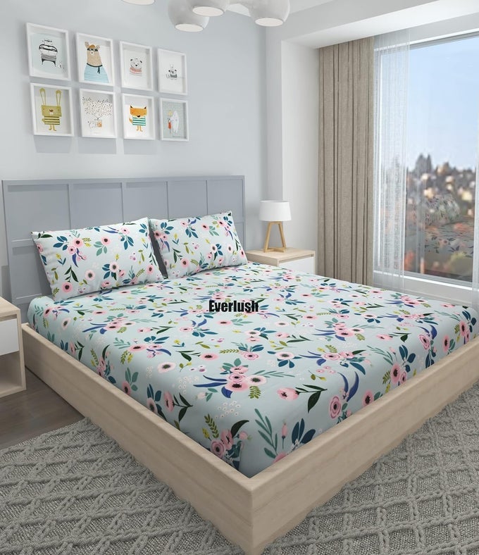 BEST FITTED WITH ELASTIC BEDSHEET PLATINUM PRINTED BEDSHEETS DOUBLE KING SIZE BEDSHEETS WITH 2 PILLOW COVERS GLACE COTTON BEDSHEET | 78 X 72 (MIX LEAF)