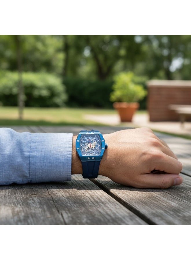 INSUCH Edge IN1032 Men’s Analog Quartz Watch Blue Skeleton Dial Blue Silicone Strap Tonneau Case Date Display - Image 4