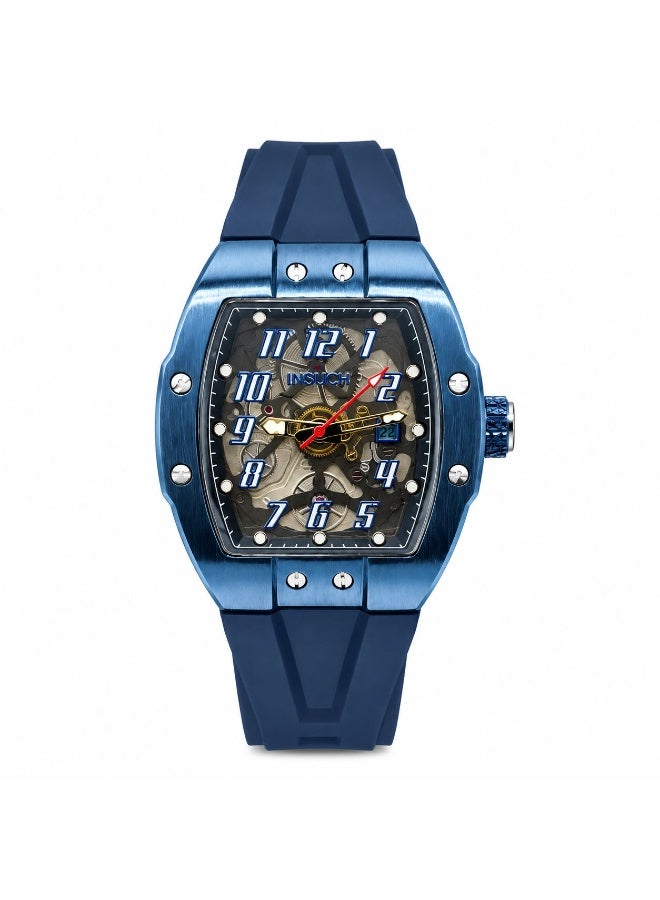 INSUCH Edge IN1032 Men’s Analog Quartz Watch Blue Skeleton Dial Blue Silicone Strap Tonneau Case Date Display - Image 1