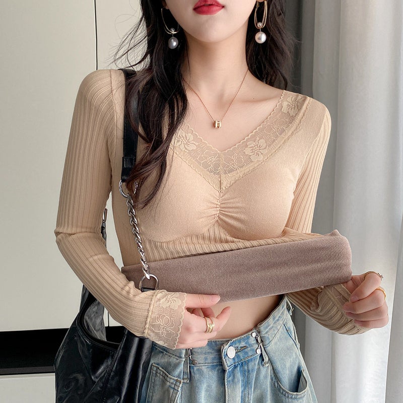 Thermal Underwear with Chest Pad Womens fleece-lined Thickened Lace Stitching V-Neck Autumn Long-Sleeved Slim-Fit Base Shirt Top for Winter Red - Image 4