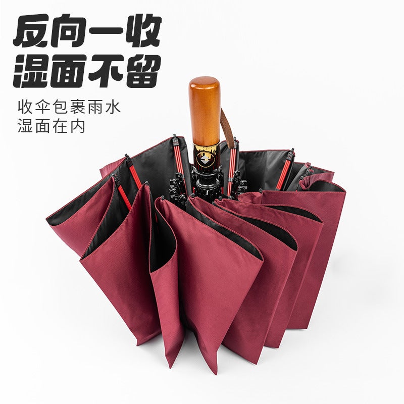 Automatic Wooden Handle 24-Rib Folding Umbrella with UV Protection - Image 5