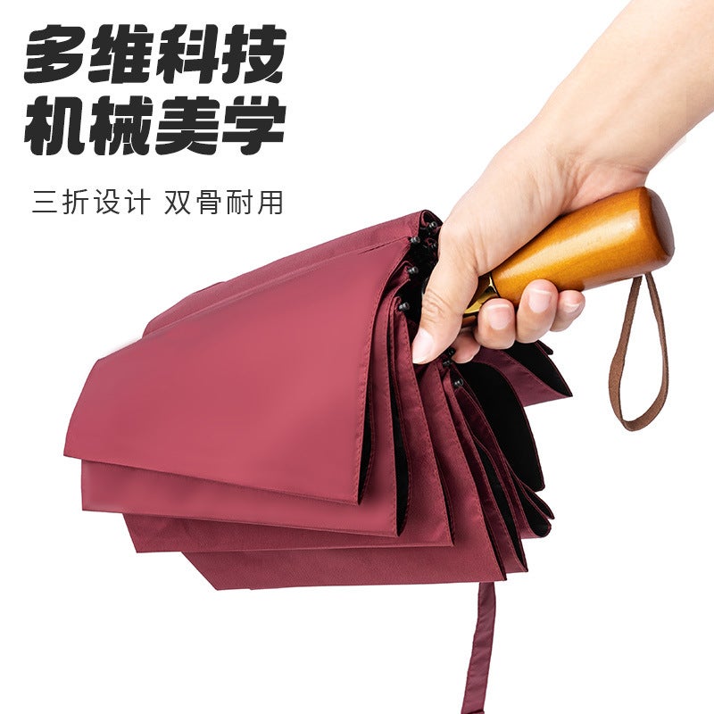 Automatic Wooden Handle 24-Rib Folding Umbrella with UV Protection - Image 4