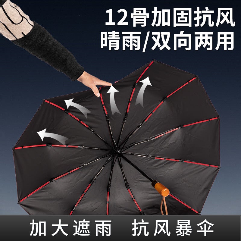Automatic Wooden Handle 24-Rib Folding Umbrella with UV Protection - Image 3