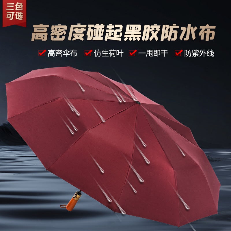 Automatic Wooden Handle 24-Rib Folding Umbrella with UV Protection - Image 2