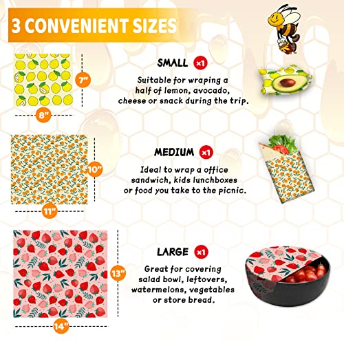 PICcircuit Beeswax Wrap - 3 Pack, Beeswax Wraps For Food, Organic, Sustainable, Biodegradable, Zero Waste, Reusable Beeswax Food Wrap, 1L Strawberry, 1M Orange, 1S Lemon Patterns - Image 3