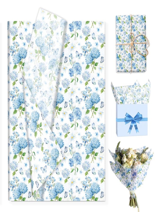 MOZUI 50 Sheets Watercolor Hydrangea Tissue Paper - 20 x 14 Inch Blue Floral Butterfly Decorative Tissue, Hand-Painted Style Hydrangea Patterns for Baby Shower Gift Wrapping, Wedding Decorations, Birthday - Image 1