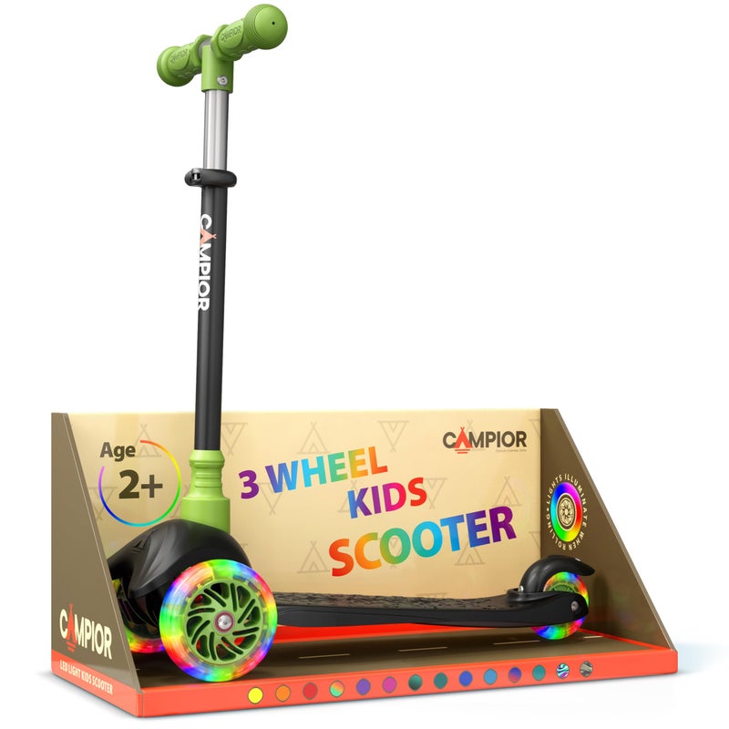 Campior Black & Green Mini 3 Wheel Scooter for Kids â€“ Lean-to-Steer with LED Light-Up Wheels, Adjustable Handlebar, Wide Anti-Slip Deck, Smooth PU Wheels, Rear Foot Brake â€“ Toddler Scooter for Ages 2+ - Image 1