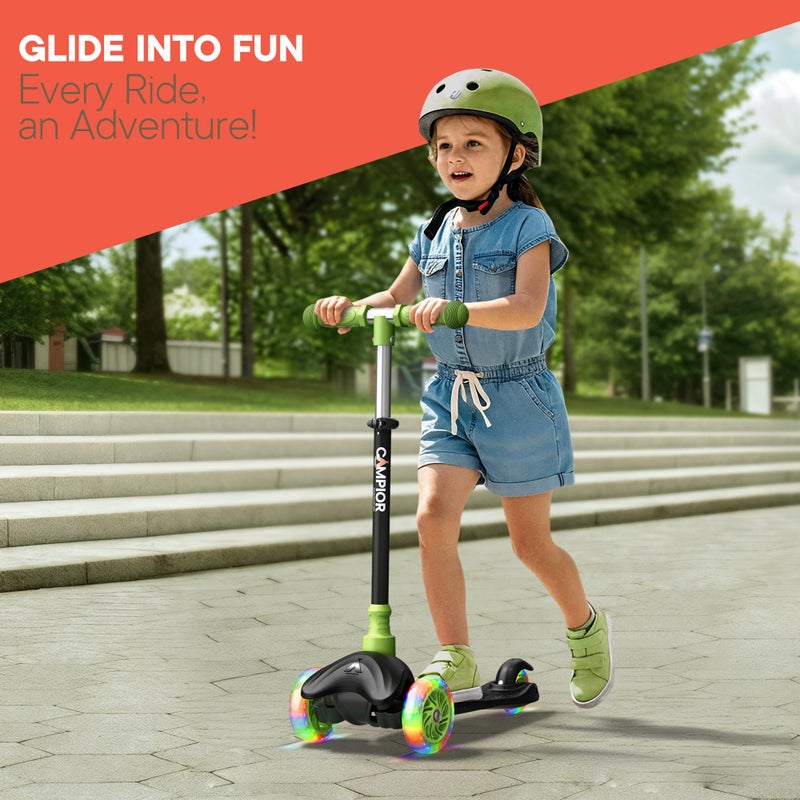 Campior Black & Green Mini 3 Wheel Scooter for Kids â€“ Lean-to-Steer with LED Light-Up Wheels, Adjustable Handlebar, Wide Anti-Slip Deck, Smooth PU Wheels, Rear Foot Brake â€“ Toddler Scooter for Ages 2+ - Image 3