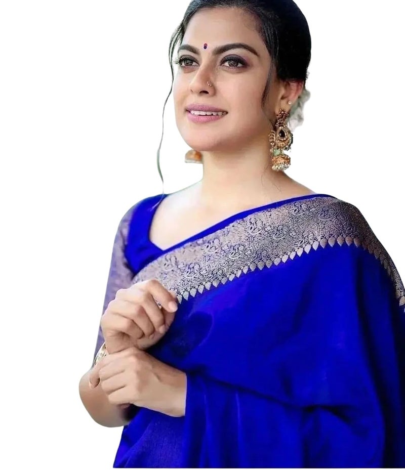C J Enterprise Women's Pure Soft Kanjivaram Silk Saree for Wedding Kanchipuram Pattu Sarees Banarasi Cotton Latest Sari With Blouse Piece Design Wear ladies new sadi Party 2025 (Yatri-51) (Royal Blue) - Image 1