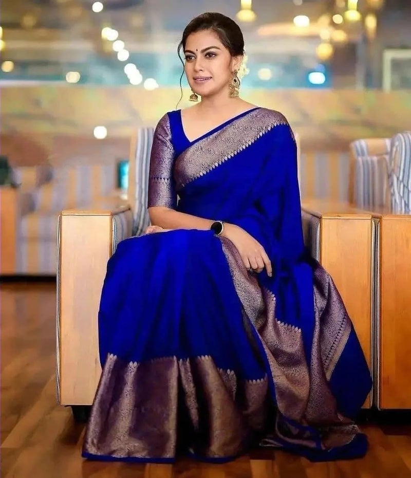 C J Enterprise Women's Pure Soft Kanjivaram Silk Saree for Wedding Kanchipuram Pattu Sarees Banarasi Cotton Latest Sari With Blouse Piece Design Wear ladies new sadi Party 2025 (Yatri-51) (Royal Blue) - Image 4