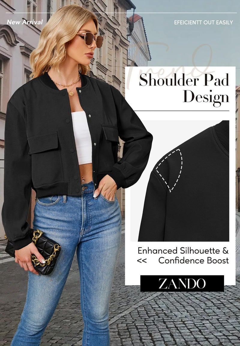 Zando Black Varsity Spring Jackets for Women 2026 - Black Bomber Jacket Women Short Button Down Womens Jackets for Womens with Side Pockets Long Sleeve Cropped Jackets for Daily Work Outdoor Travel L - Image 4