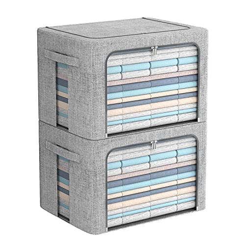 FHSQX 2 Pack Clear Window Storage Bins - Large Stackable Linen Fabric Storage for Clothes Foldable Container Organizer Set with Carrying Handles (Light Gray, 15.7x 11.8x 11.7 Inch) - Image 1