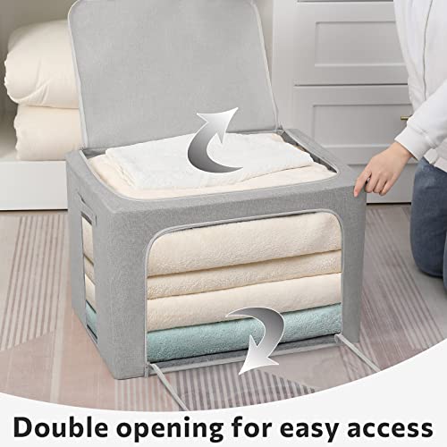 FHSQX 2 Pack Clear Window Storage Bins - Large Stackable Linen Fabric Storage for Clothes Foldable Container Organizer Set with Carrying Handles (Light Gray, 15.7x 11.8x 11.7 Inch) - Image 2