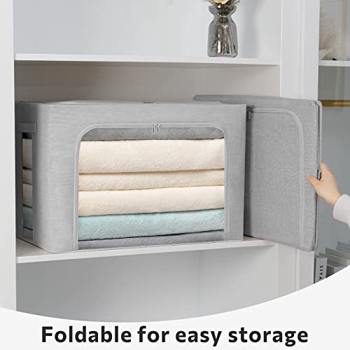 FHSQX 2 Pack Clear Window Storage Bins - Large Stackable Linen Fabric Storage for Clothes Foldable Container Organizer Set with Carrying Handles (Light Gray, 15.7x 11.8x 11.7 Inch) - Image 4