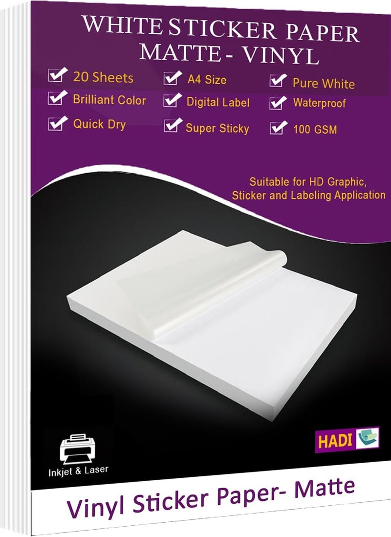 HADI A4 White Matte Vinyl Sticker Paper-Printable 20 Sheets Self Adhesive Labels- WaterProof, Premium Vinyl Sticker, Brilliant Color-Digital Label- Multi use A4 size -Tear Resistant-Inkjet & Laser Printer - Image 1