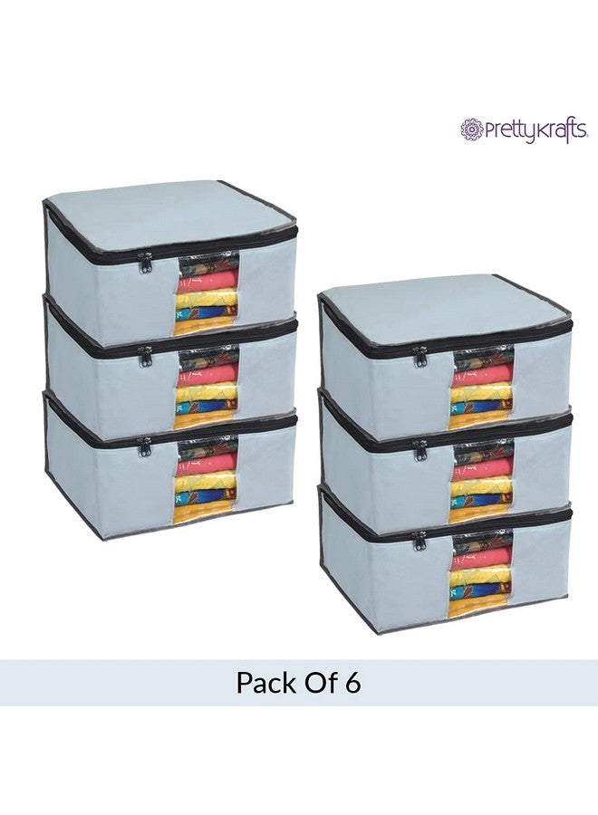 PrettyKrafts Set Of 6 Non Woven Foldable Saree Cover/Cloth Storage Bag/Wardrobe Organizer With Zip & Transparent Window For Lehenga, Shirts, Salwar Suits, Dress & Accessories (Grey, 40 X 35 X 19.5Cm)  - Image 5