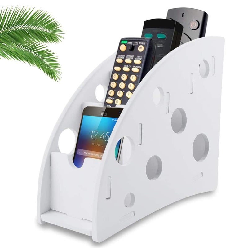 Ledoo Remote Control Holder Desk Organizer Remote Control Storage Box with 4 Compartments Wood-plastic Compositefor TV Remote Controls, Game Console, Cell Phones, Pens, Office Supplies (White) - Image 1