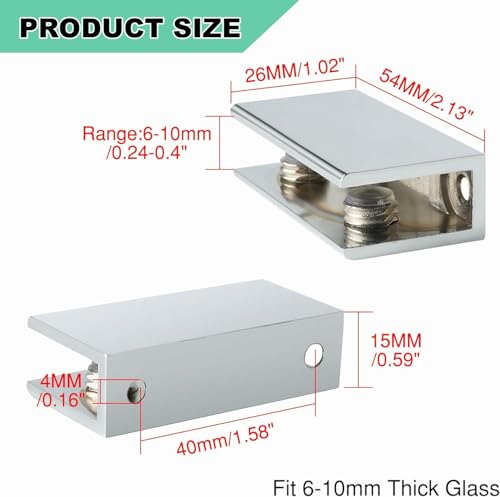Alise 2 Pcs Adjustable Frameless Rectangle Glass Shelf Bracket Holder Heavy Duty Clamp Shelf Clip,BL2010-2P Polished Chrome - Image 2
