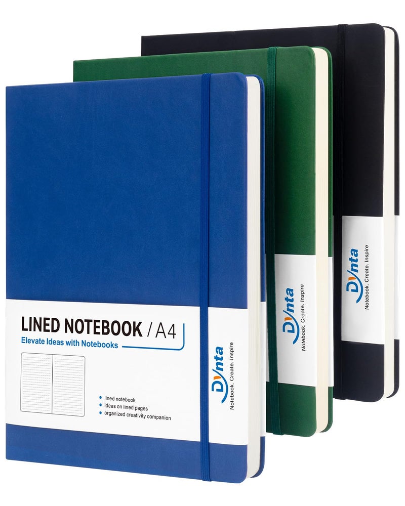 Dynta A4 Lined Journal Notebooks 3 Pack 8.5" x 11" Leather Hardcover Journals 200 Pages/100 Sheets Large Notebooks for Work, Journaling, Note Taking (Black, Green, Blue) - Image 1