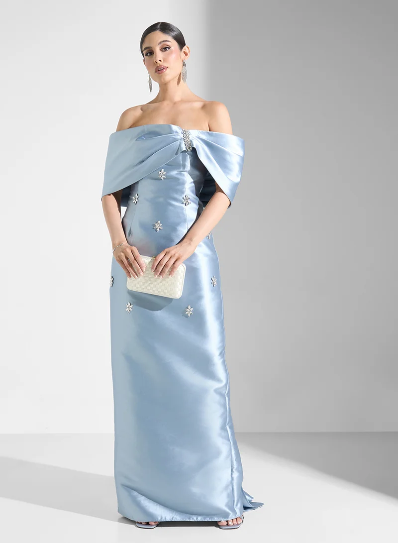 Akadia Fashion LACED DRAPED OFF SHOULDER TAFFETA DRESS