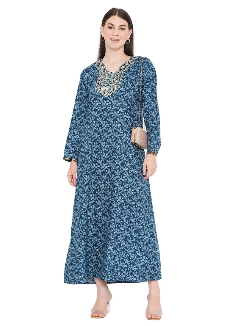 HANA & SARA LONG PRINTED THREAD EMBROIDERY MODEST ARABIC KAFTAN JALABIYA DRESSES