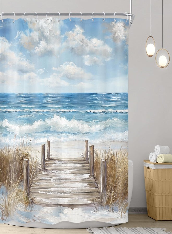 Riyidecor Beach Shower Curtain 60Wx72H Inch Blue Beachy Ocean Coastal Oil Painting Sky Summer Hawaiian Modern Landscape Scenery Nature Bathroom Decor Fabric Polyester Waterproof 12 Pack Hook - Image 2