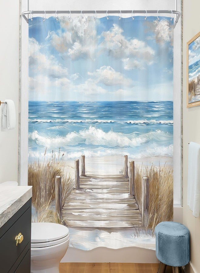 Riyidecor Beach Shower Curtain 60Wx72H Inch Blue Beachy Ocean Coastal Oil Painting Sky Summer Hawaiian Modern Landscape Scenery Nature Bathroom Decor Fabric Polyester Waterproof 12 Pack Hook - Image 4