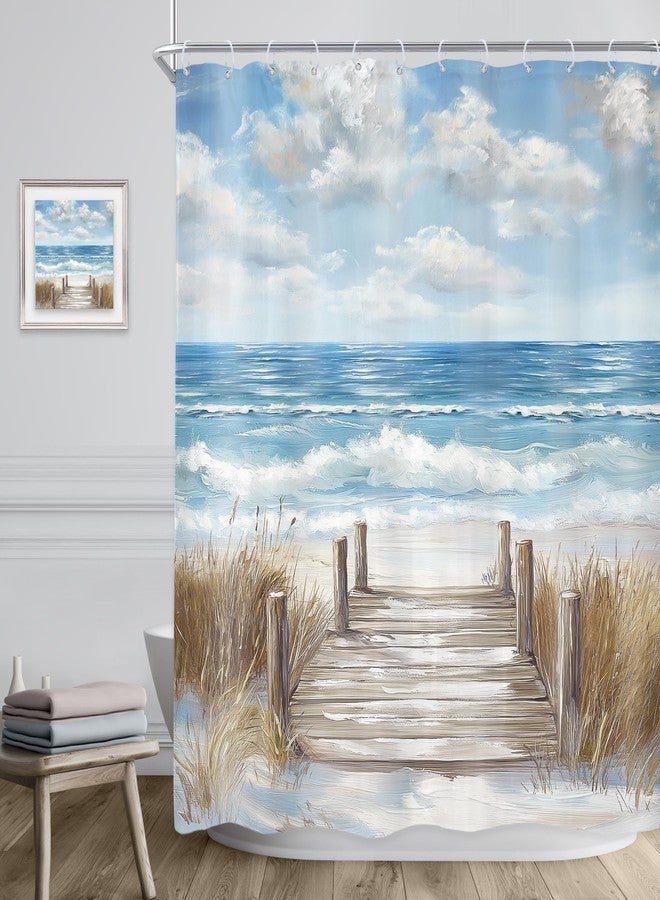 Riyidecor Beach Shower Curtain 60Wx72H Inch Blue Beachy Ocean Coastal Oil Painting Sky Summer Hawaiian Modern Landscape Scenery Nature Bathroom Decor Fabric Polyester Waterproof 12 Pack Hook - Image 3