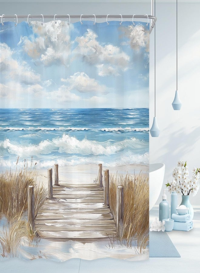 Riyidecor Beach Shower Curtain 60Wx72H Inch Blue Beachy Ocean Coastal Oil Painting Sky Summer Hawaiian Modern Landscape Scenery Nature Bathroom Decor Fabric Polyester Waterproof 12 Pack Hook - Image 1