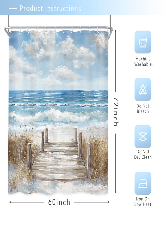 Riyidecor Beach Shower Curtain 60Wx72H Inch Blue Beachy Ocean Coastal Oil Painting Sky Summer Hawaiian Modern Landscape Scenery Nature Bathroom Decor Fabric Polyester Waterproof 12 Pack Hook - Image 5