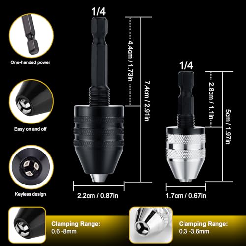 VALKYNOS 2Pcs Drill Chuck Adapter Keyless, 1/4 Inch Hex Shank Drill Bit Adapter Converter for Impact Driver, Quick Change Impact Drill Chuck Adapter in 0.6-8mm, 0.3-3.6mm for Tool Attachment - Image 4