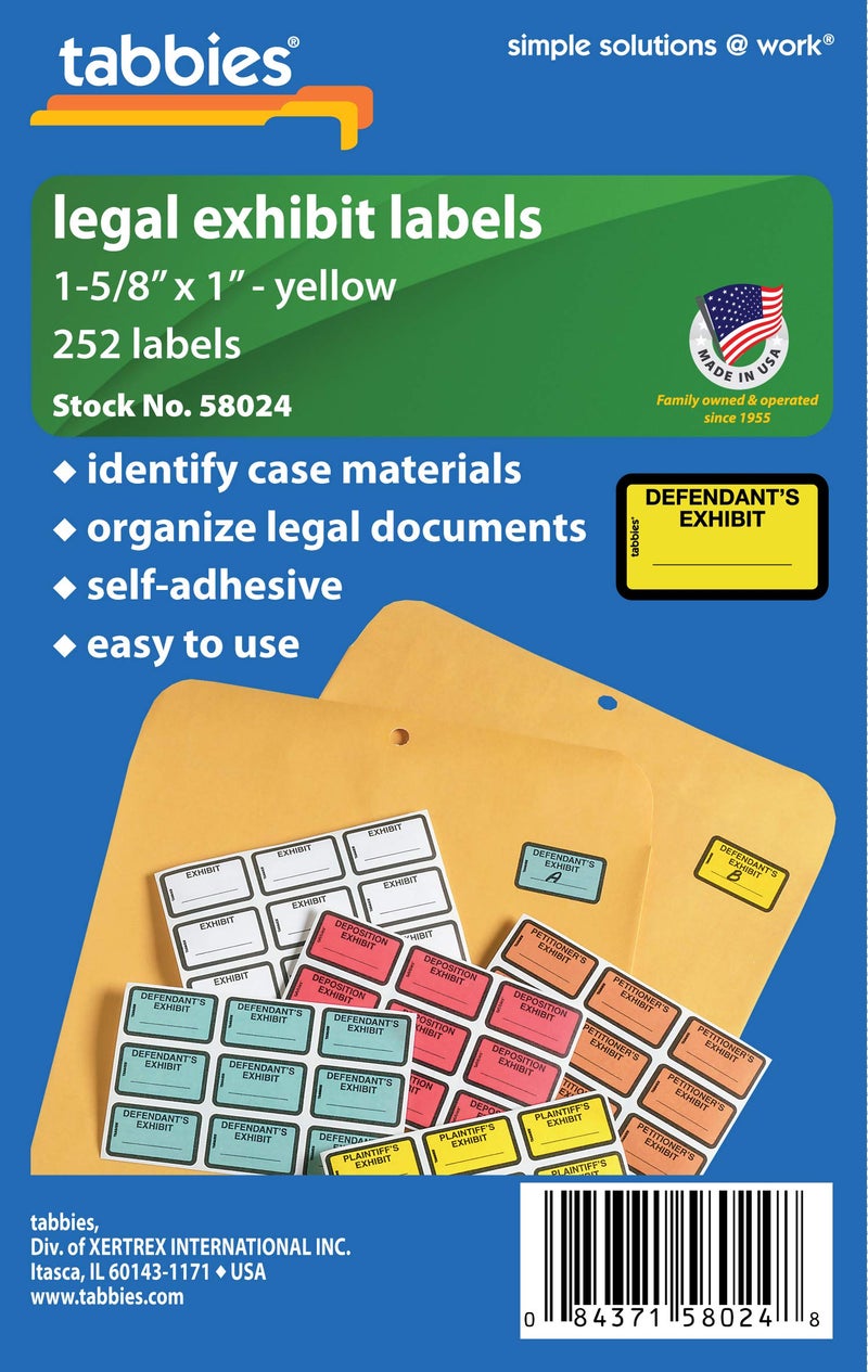 Tabbies Legal Exhibit Labels, Label: 1-5/8"W x 1" H, Sheet: 5-1/4"W x 3-1/4"H, Yellow, DEFENDANT'S Exhibit 252 Labels/Pack (58024) - Image 5