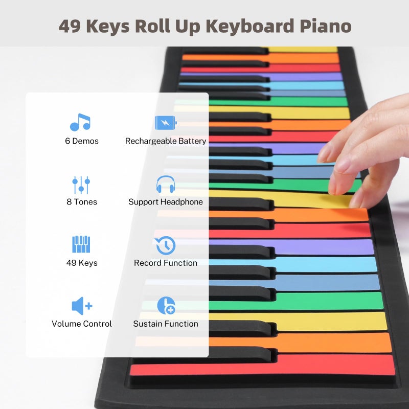 POGOLAB 49 Key Roll Up Keyboard Piano, Portable Digital Electric Foldable Piano Keyboard, Rechargeable, 8 Tones, 6 Educational Demo Songs, for Beginners Gift (Rainbow) - Image 3