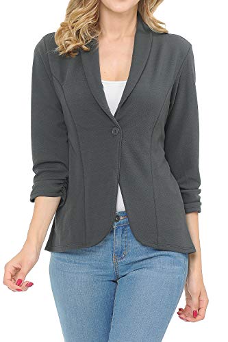 MINEFREE Women's 3/4 Ruched Sleeve Lightweight Work Office Blazer Jacket Charcoal M - Image 5