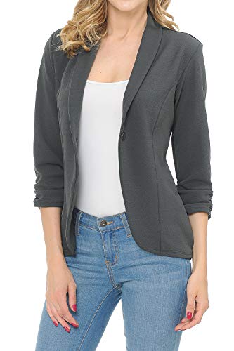 MINEFREE Women's 3/4 Ruched Sleeve Lightweight Work Office Blazer Jacket Charcoal M - Image 2
