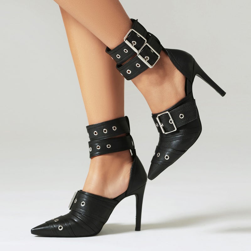 Fashion Denim 40-48 Plus Size Hollow Pointed Belt Buckle Thin Heel Sandals - Image 5