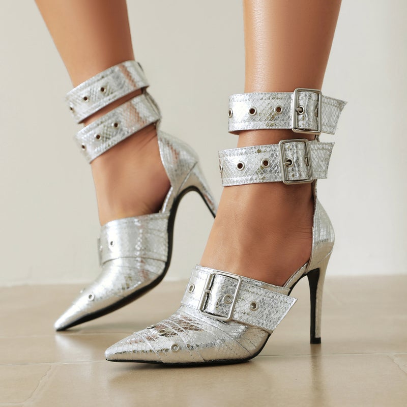 Fashion Denim 40-48 Plus Size Hollow Pointed Belt Buckle Thin Heel Sandals - Image 4