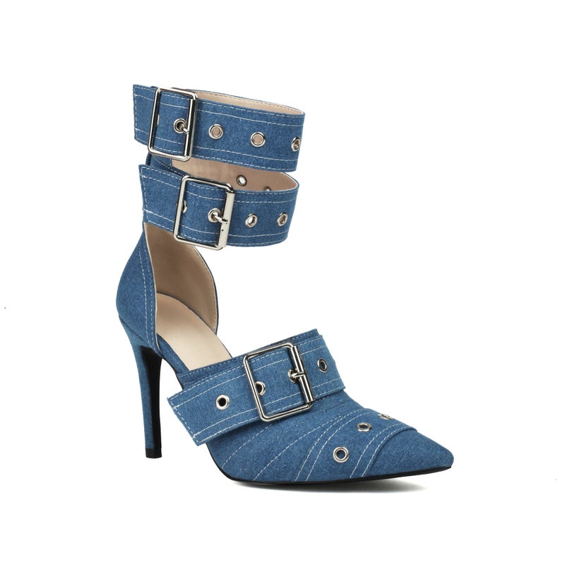 Fashion Denim 40-48 Plus Size Hollow Pointed Belt Buckle Thin Heel Sandals - Image 1