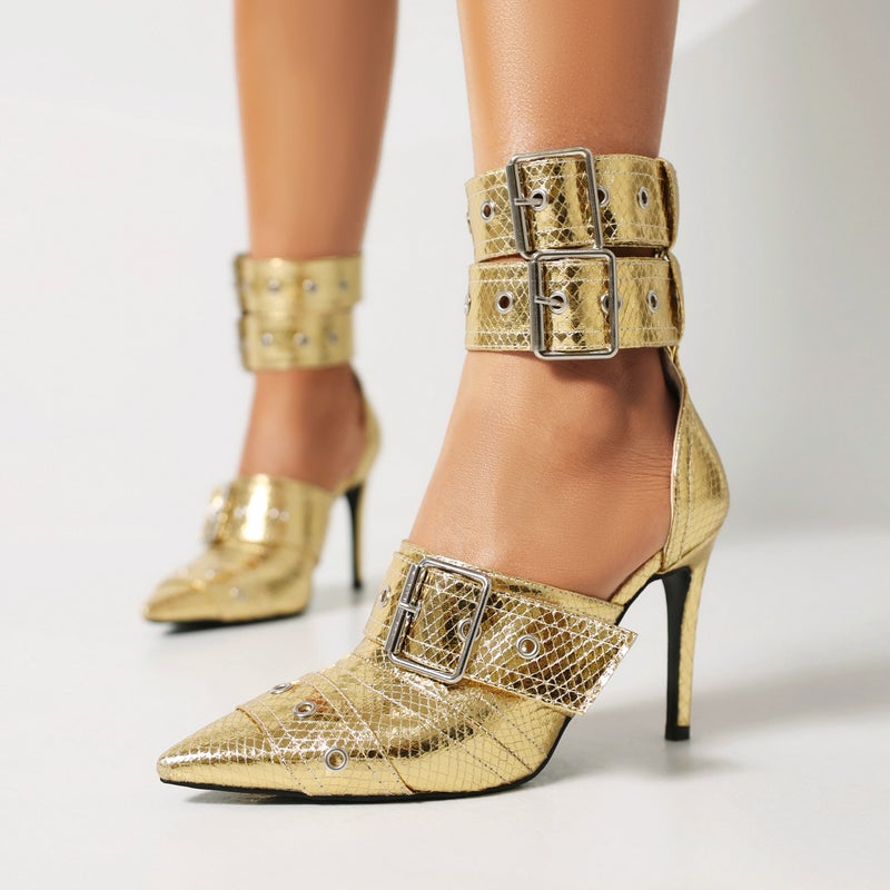 Fashion Denim 40-48 Plus Size Hollow Pointed Belt Buckle Thin Heel Sandals - Image 3