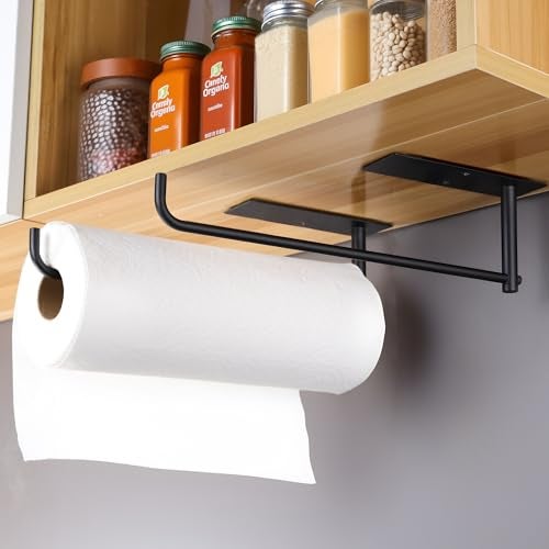 SUNTECH 2 Pack Paper Towel Holder Under Cabinet, Adhesive or Drilling Paper Towel Holder Wall Mounted, Stainless Steel Kitchen Towel Roll Holder for Bathroom, RV (Black) - Image 1