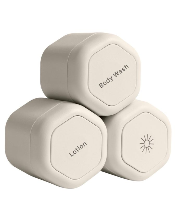Cadence Travel Containers Body Care Capsule Set Magnetic Travel Capsules For Body Wash, Lotions, Sunscreens 3 Flex Mediums (1.32Oz) With Body Wash, Lotion, & Sun Icon Labels Sand - Image 1